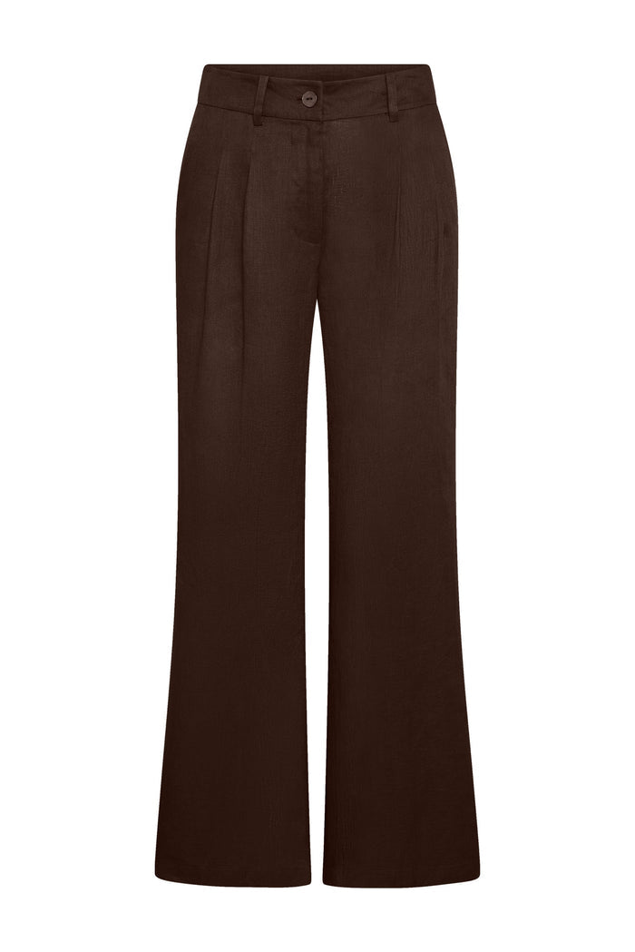 Front view of Casablanca pants in espresso linen showcasing high waist, pleats and wide-leg silhouette on white