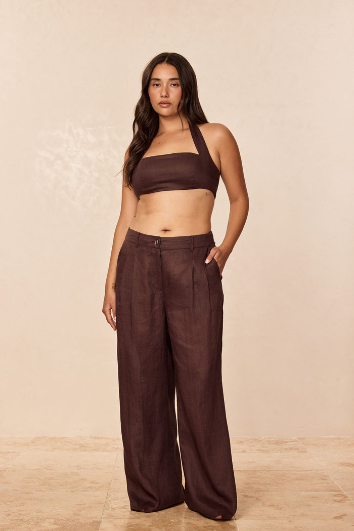 Front view of Casablanca Pants in espresso linen on model, high-rise wide-leg with front pleats and side pockets