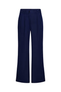 Front view of Casablanca Pants in Midnight Linen with high waist, belt loops, button-and-zip closure and pleated wide legs