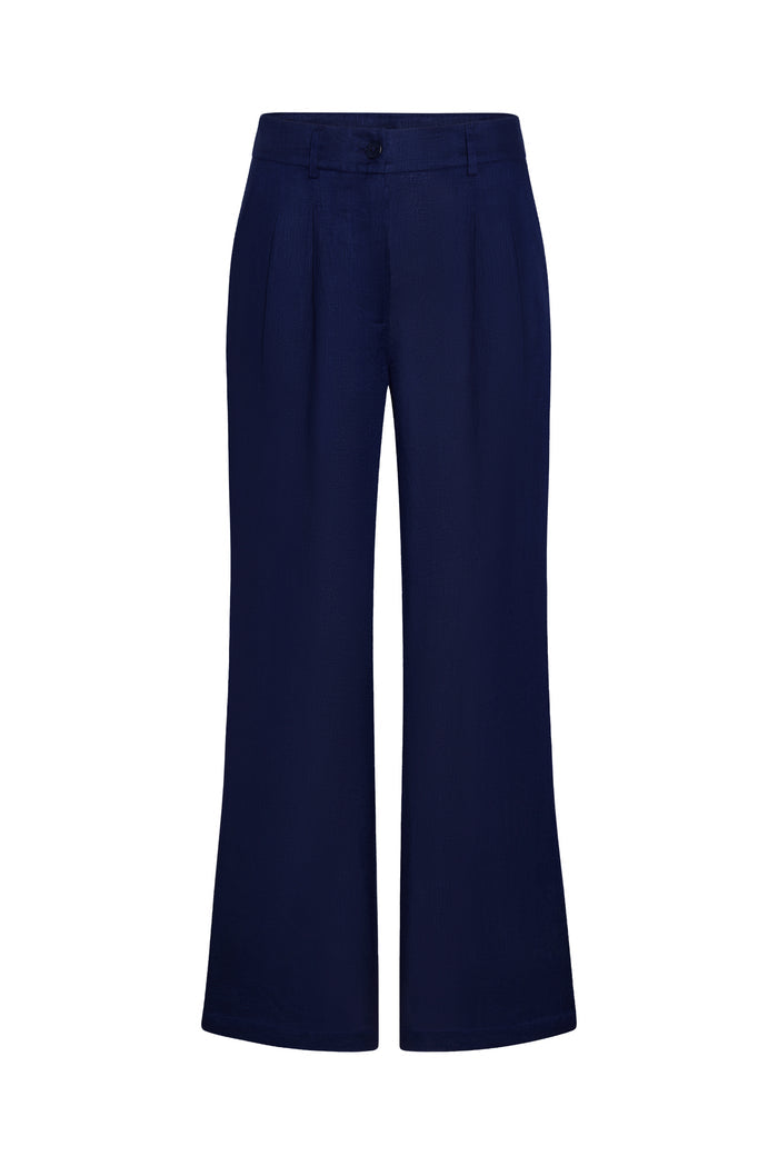 Front view of Casablanca Pants in Midnight Linen with high waist, belt loops, button-and-zip closure and pleated wide legs