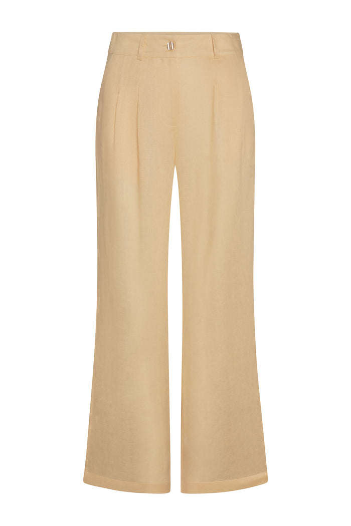 Front view of Casablanca pants in raffia linen with high-rise waistband and front pleats, wide legs on white background