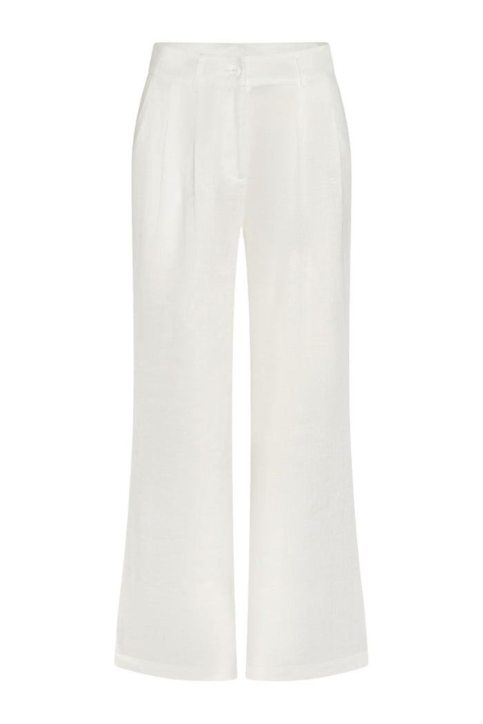 Front view of Casablanca pants in white linen showcasing high waist, front pleats and wide-leg silhouette on white background