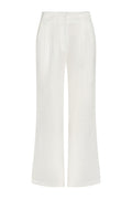 Front view of Casablanca pants in white linen showcasing high waist, front pleats and wide-leg silhouette on white background