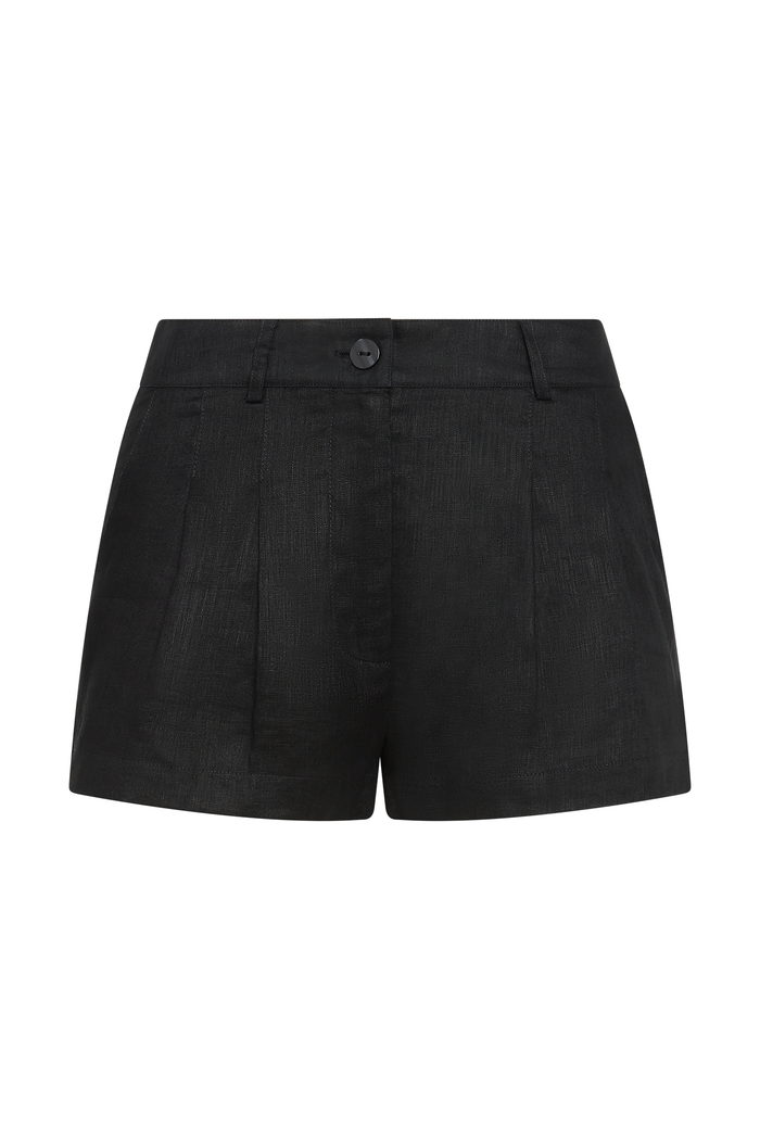 Front view of Casablanca Short in black linen showcasing front pleats, belt loops, side pockets, and button-and-zip closure on white background