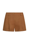 Front view of Casablanca Short in caramel linen showcasing high waist, single button closure and front pleats on white background