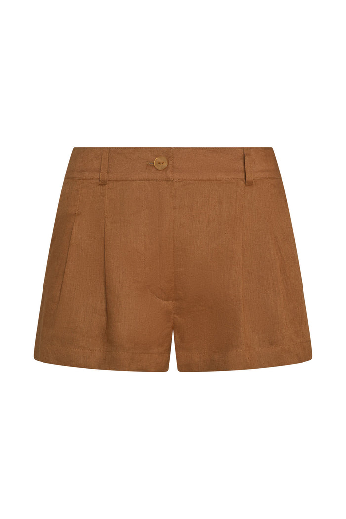 Front view of Casablanca Short in caramel linen showcasing high waist, single button closure and front pleats on white background