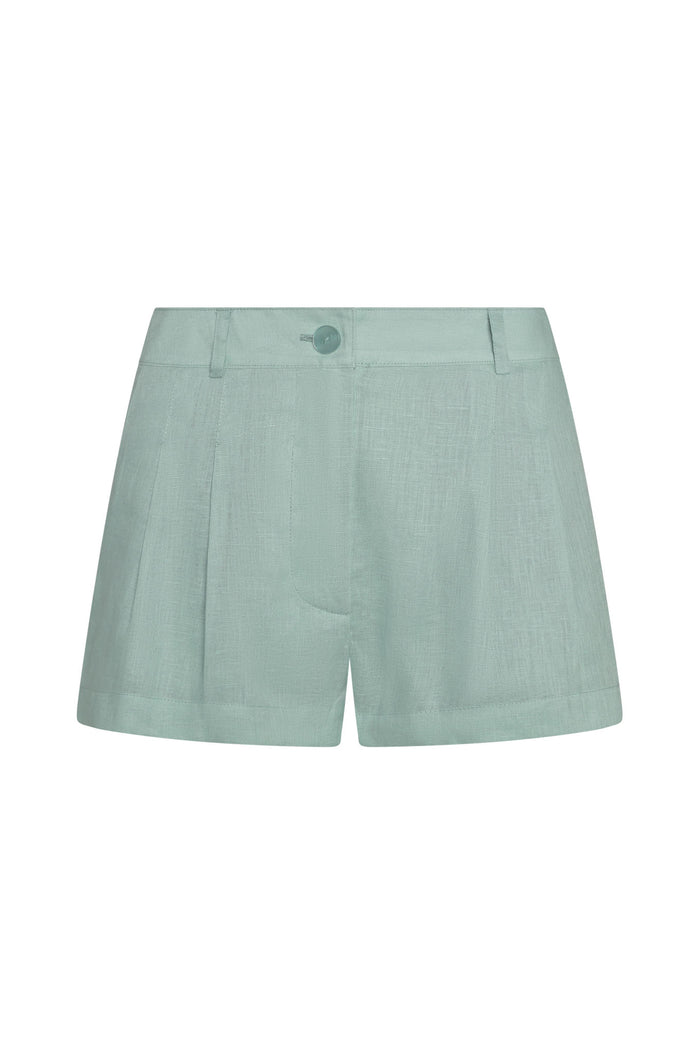 Front view of Casablanca Short in light slate linen showing high waist, belt loops, single button closure and cuffed hem on white