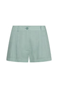 Front view of Casablanca Short in light slate linen showing high waist, belt loops, single button closure and cuffed hem on white