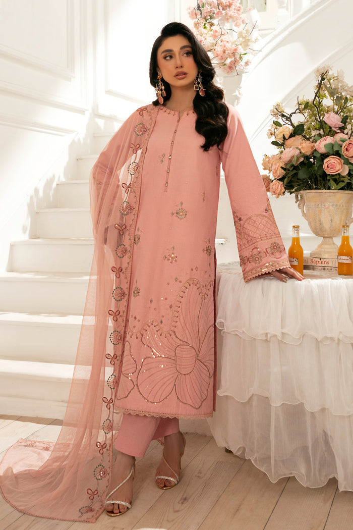 Detailed close‑up of NAQSHI Chamak sleeve border featuring floral embroidery with sequin highlights on soft cambric