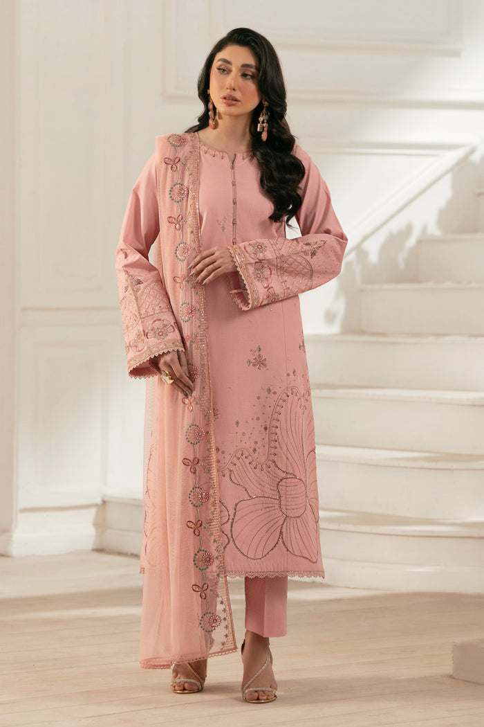 NAQSHI Chamak net dupatta draped elegantly with embroidered lengthwise border and lace‑edged pallu in soft pink