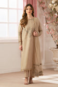 NAQSHI Chamkeeli beige cambric straight shirt with intricately embroidered neckline, shimmering sequin embroidery on bodice, lace-trimmed hem and straight pants