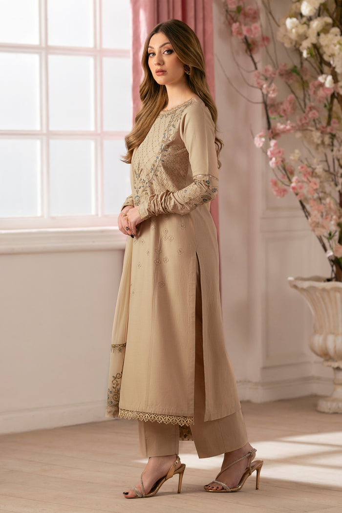 Side view of NAQSHI Chamkeeli showing fitted cambric sleeves adorned with sequin and embroidery, curved lace-edge cuffs and clean straight-cut silhouette.