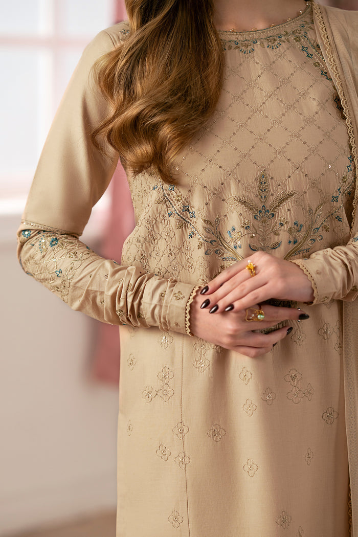 Close-up of NAQSHI Chamkeeli neckline embroidery featuring dense threadwork around round neck, paired with sequin detailing on beige cambric fabric