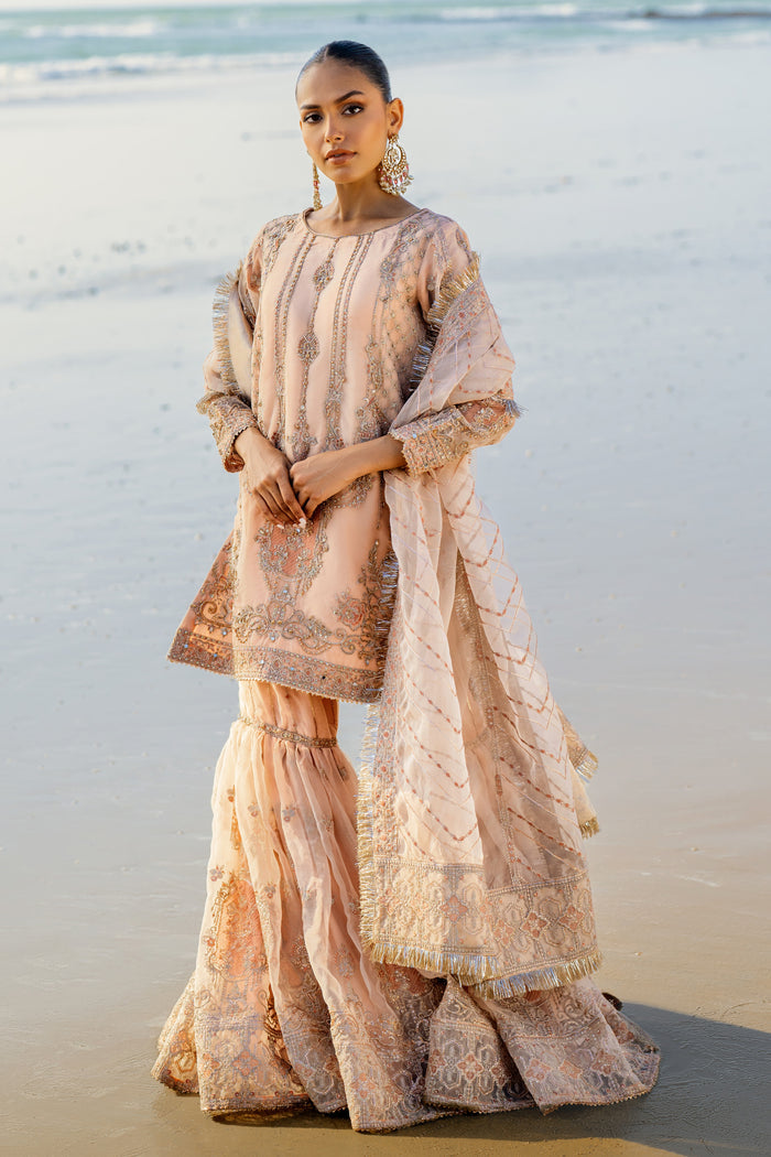 Naqshi Chandni peach‑beige organza shirt with deep jeweled tones, heavy hand‑adda embroidery and sequin‑naqshi motifs, paired with voluminous organza gharara and ornate dupatta.