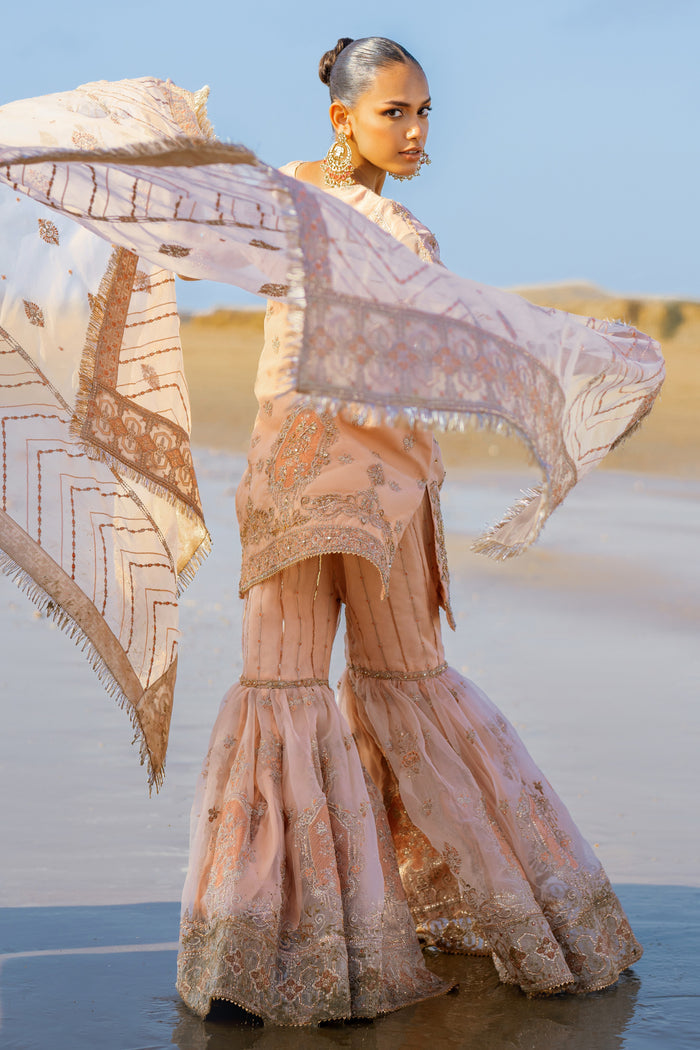 Naqshi Chandni organza dupatta draped elegantly showing heavy embroidered motifs and borders finished with kiran lace