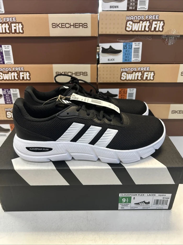 adidas Cloudfoam Flex Men's Sneakers White Black – Lace-Up Shoes, Size 9.5