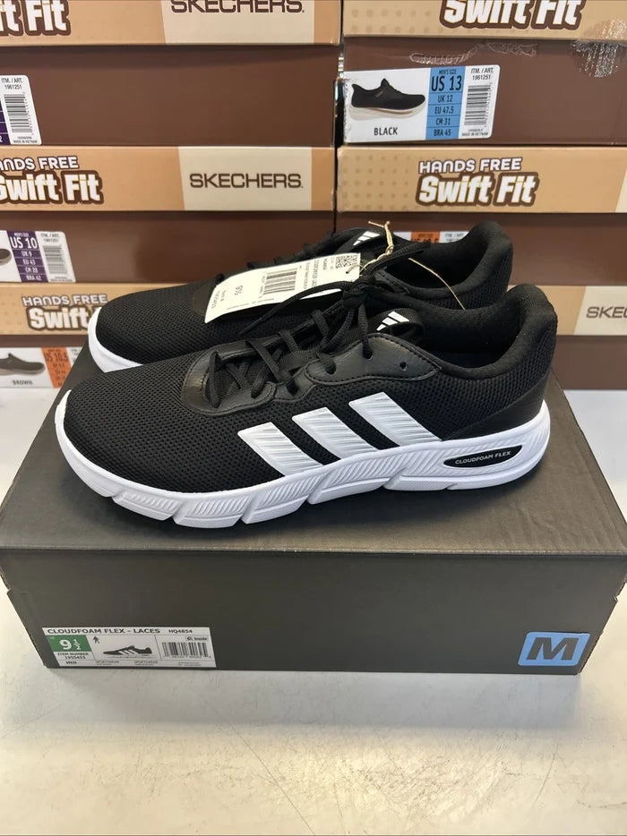 adidas Cloudfoam Flex Men's Sneakers White Black – Lace-Up Shoes, Size 9.5