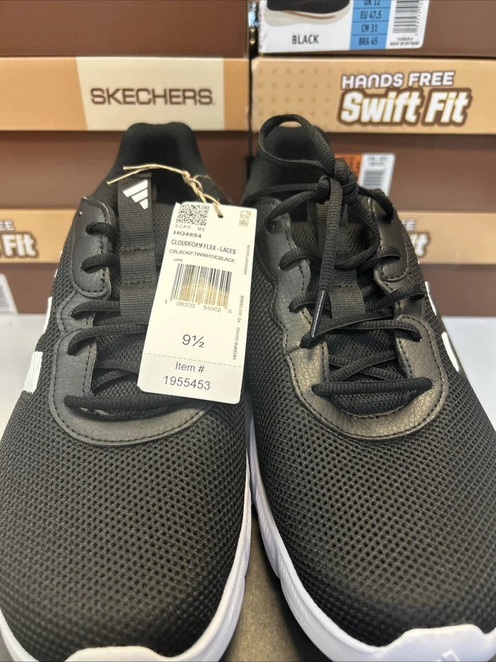 adidas Cloudfoam Flex Men's Sneakers White Black – Lace-Up Shoes, Size 9.5