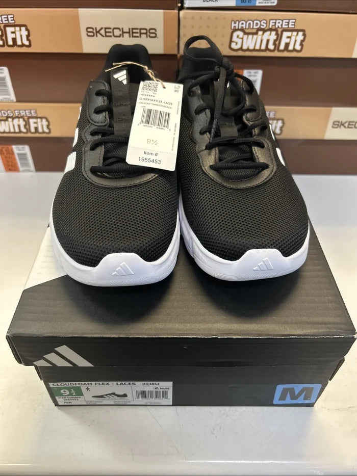 adidas Cloudfoam Flex Men's Sneakers White Black – Lace-Up Shoes, Size 9.5