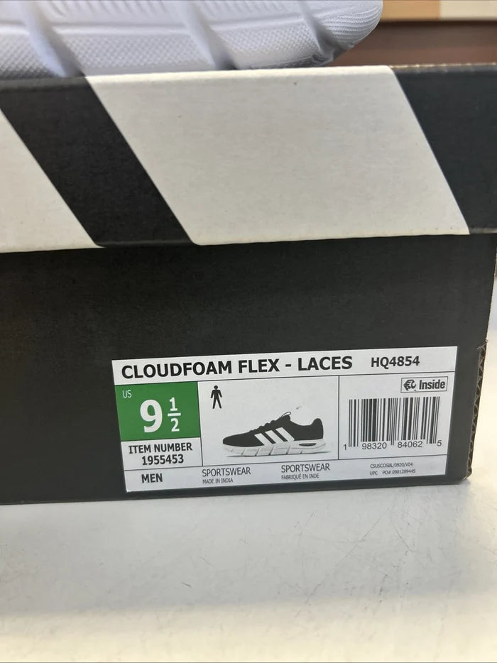 adidas Cloudfoam Flex Men's Sneakers White Black – Lace-Up Shoes, Size 9.5