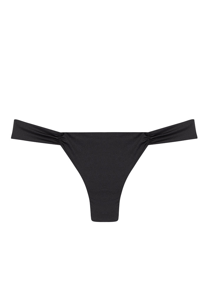 Front view of Clovelly Bottom in black showcasing wide ruched side panels and high-cut leg on white background