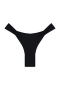 Black thong bikini bottom with ruched side straps, laid flat on white background.