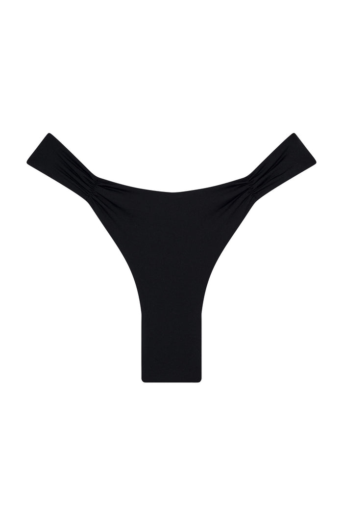 Black thong bikini bottom with ruched side straps, laid flat on white background.