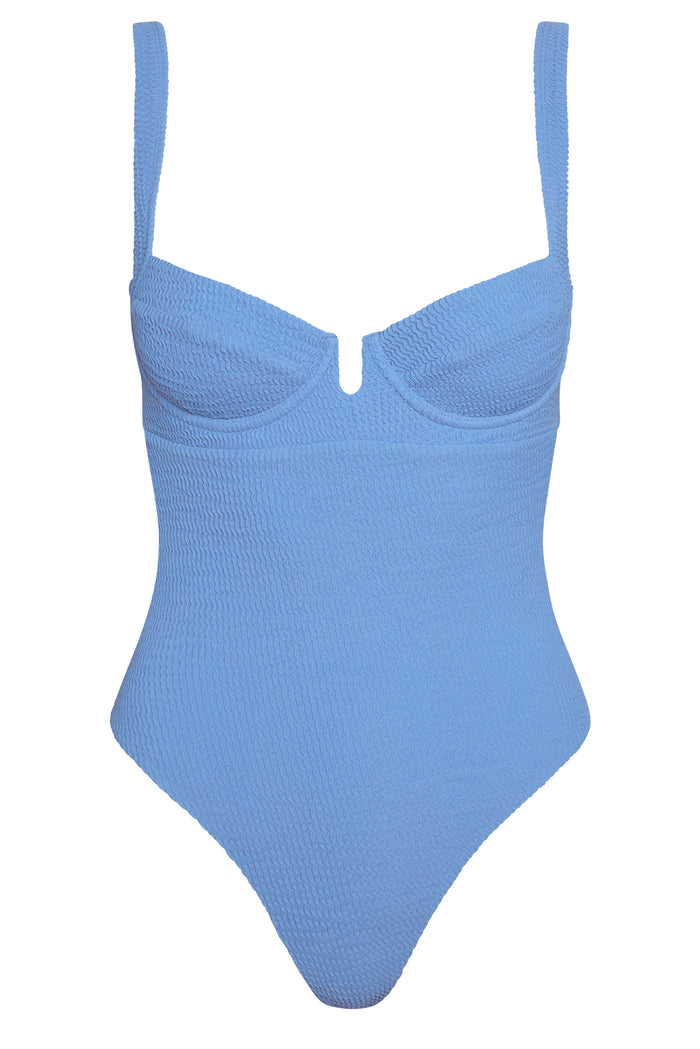 Light-blue textured one-piece swimsuit with underwire cups and small center V-notch