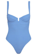 Light-blue textured one-piece swimsuit with underwire cups and small center V-notch
