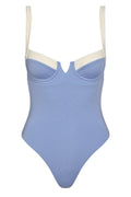 Front close-up of Clovelly One Piece in Azure and ivory showcasing underwire cups, ribbed fabric and cream shoulder straps on white background