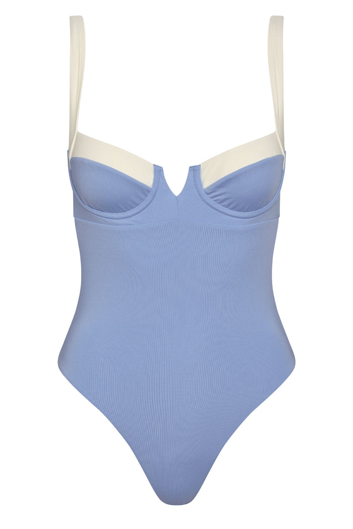 Front close-up of Clovelly One Piece in Azure and ivory showcasing underwire cups, ribbed fabric and cream shoulder straps on white background