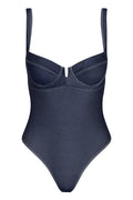Front view of Clovelly One Piece in blue denim with underwire cups, V-notch and high-cut leg on white background