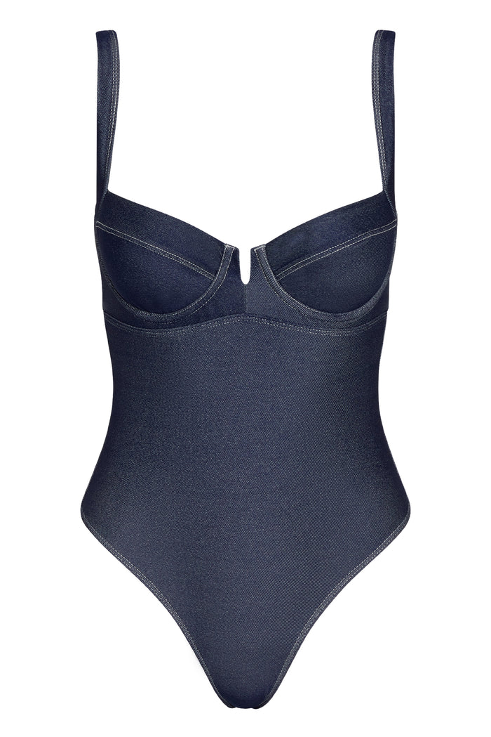 Front view of Clovelly One Piece in blue denim with underwire cups, V-notch and high-cut leg on white background