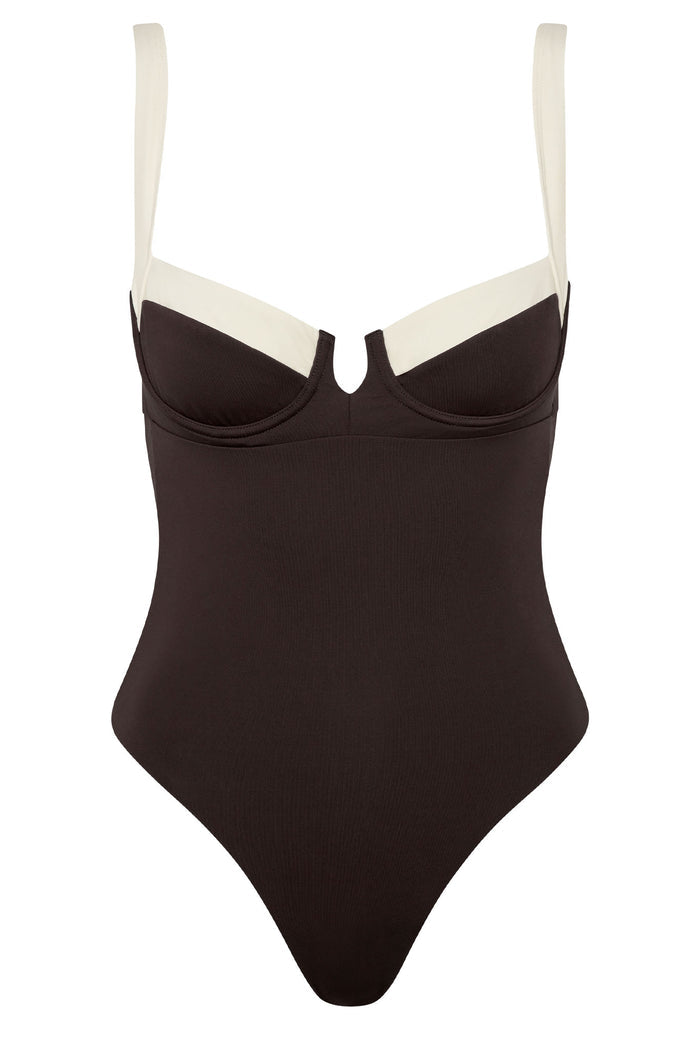 Dark brown one-piece swimsuit with cream underwire cups, cream shoulder straps and a small front center v-notch.