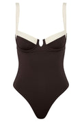 Dark brown one-piece swimsuit with cream underwire cups, cream shoulder straps and a small front center v-notch.