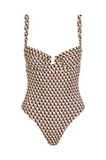 Front view of Clovelly One Piece in Husk Geo with underwire sweetheart neckline, V-notch and high-cut leg on white background