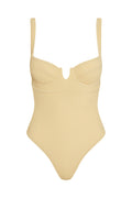 Front view of Clovelly One Piece in Raffia Crinkle showcasing underwire cups, adjustable straps and textured fabric on white