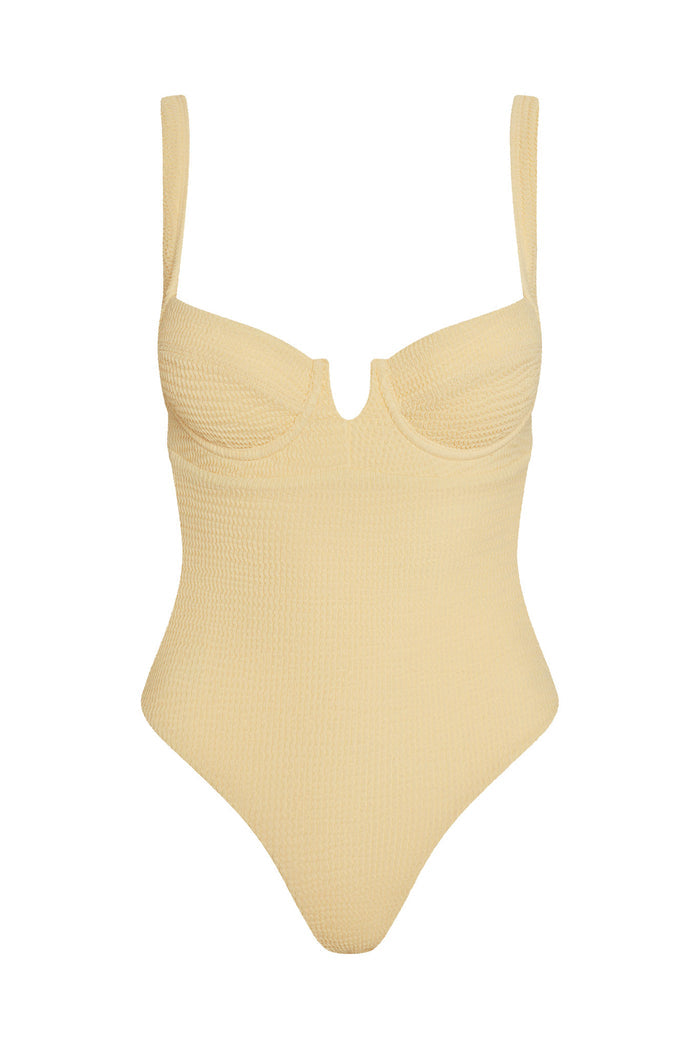 Front view of Clovelly One Piece in Raffia Crinkle showcasing underwire cups, adjustable straps and textured fabric on white
