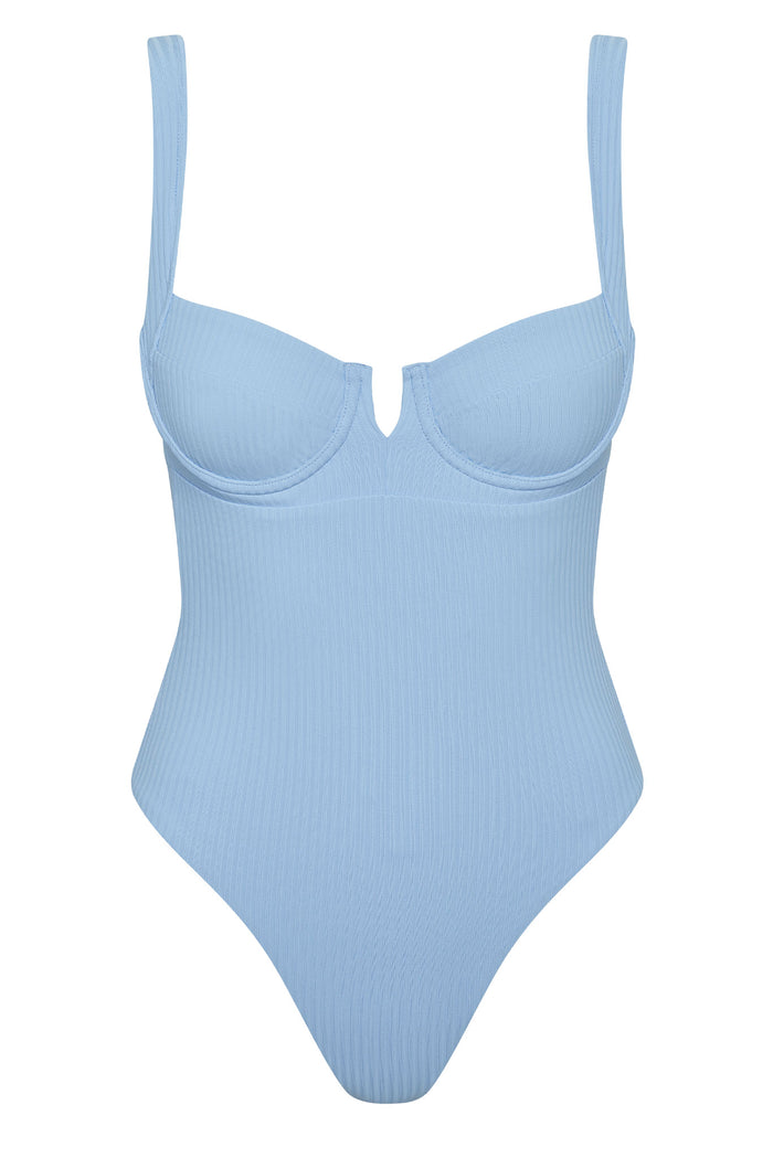 Front view of Clovelly One Piece in sky rib with underwire sweetheart neckline, ribbed texture, and high-cut leg