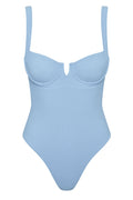 Front view of Clovelly One Piece in sky rib with underwire sweetheart neckline, ribbed texture, and high-cut leg