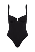 Black one-piece swimsuit with underwire cups, U-shaped center notch, adjustable shoulder straps and high-cut leg.