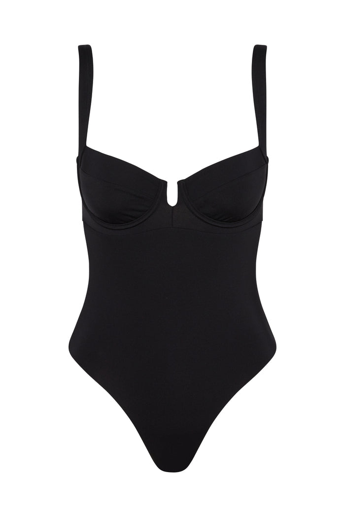 Black one-piece swimsuit with underwire cups, U-shaped center notch, adjustable shoulder straps and high-cut leg.