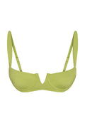 Front view of Clovelly swim top in Apple green showing V‑notch center, underwire cups and adjustable straps on white background