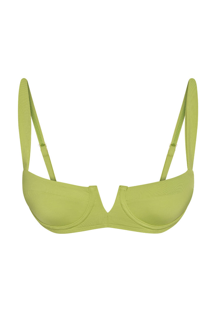 Front view of Clovelly swim top in Apple green showing V‑notch center, underwire cups and adjustable straps on white background