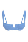 Light blue textured underwire bikini top with adjustable straps on white background.