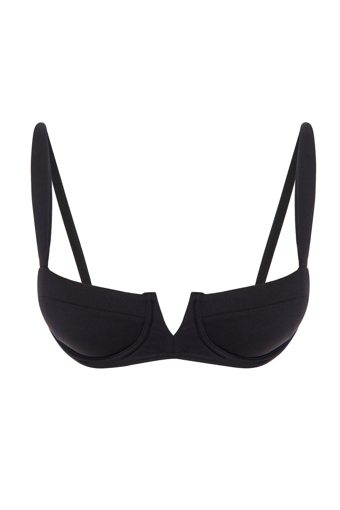 Front view of Clovelly swim top in black showcasing plunge V-front, underwire cups, and thin adjustable straps on white background
