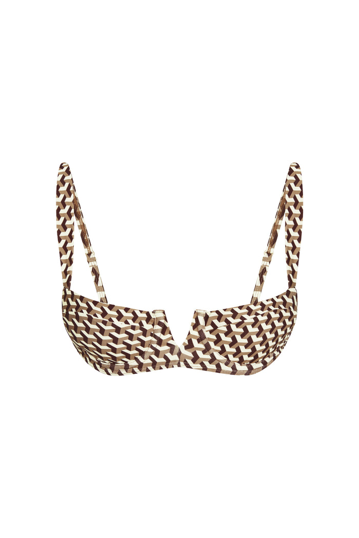 Front close-up of Clovelly Top Husk Geo showcasing underwire V-notch cups and adjustable straps on white background