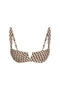 Front close-up of Clovelly Top Husk Geo showcasing underwire V-notch cups and adjustable straps on white background