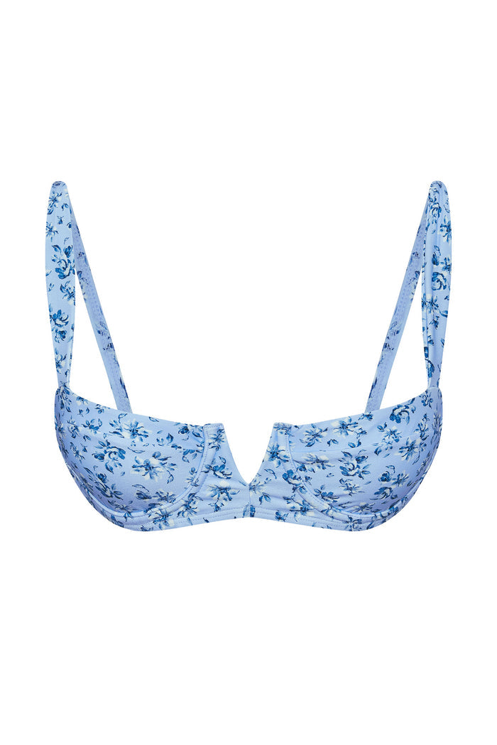 Front view of Clovelly Top in Isola Floral showing underwire balconette shape with notched center and adjustable straps on white background