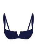 Navy blue textured balconette bikini top with underwire and V-shaped center
